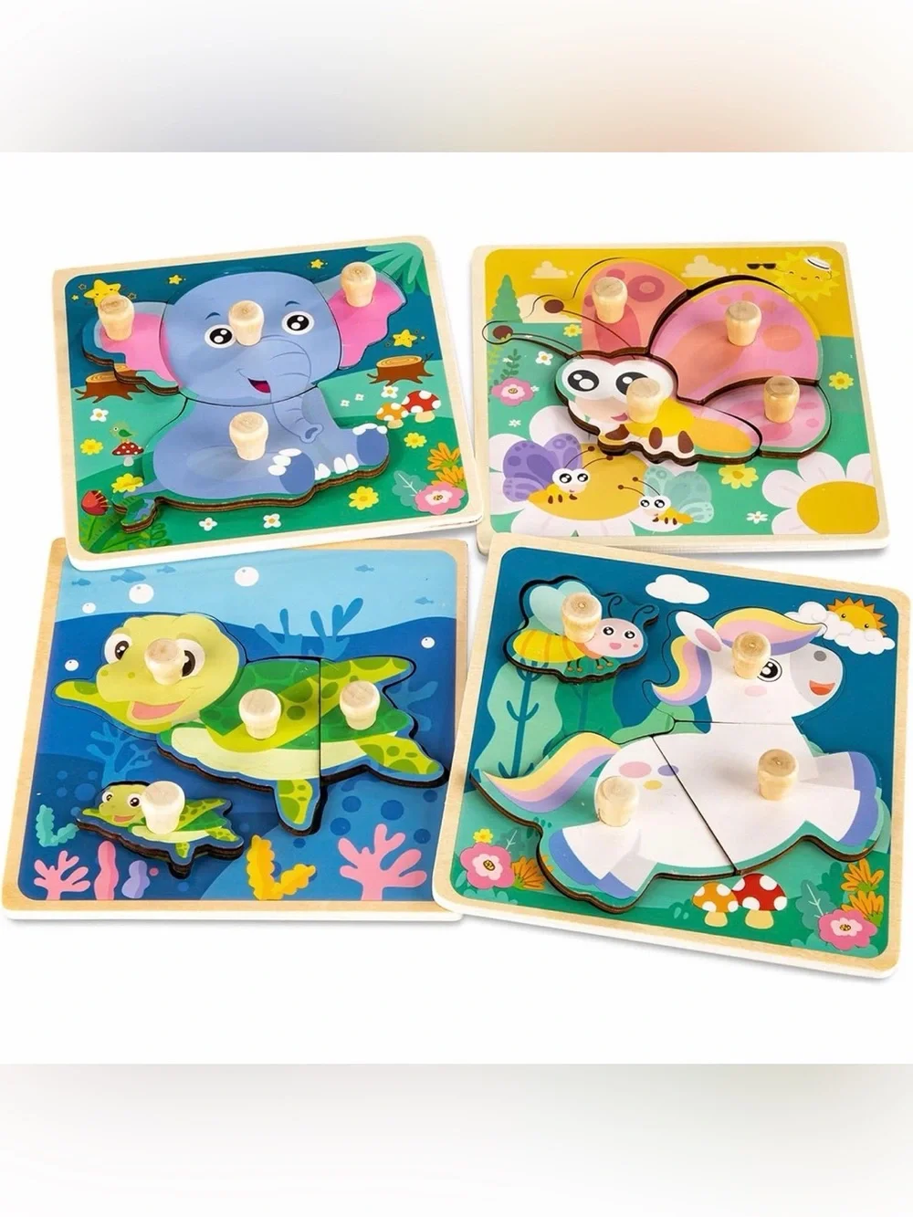 Funsland 4pc Wooden Puzzle Set - NWT Toddler Montessori Animal Puzzle With Knobs